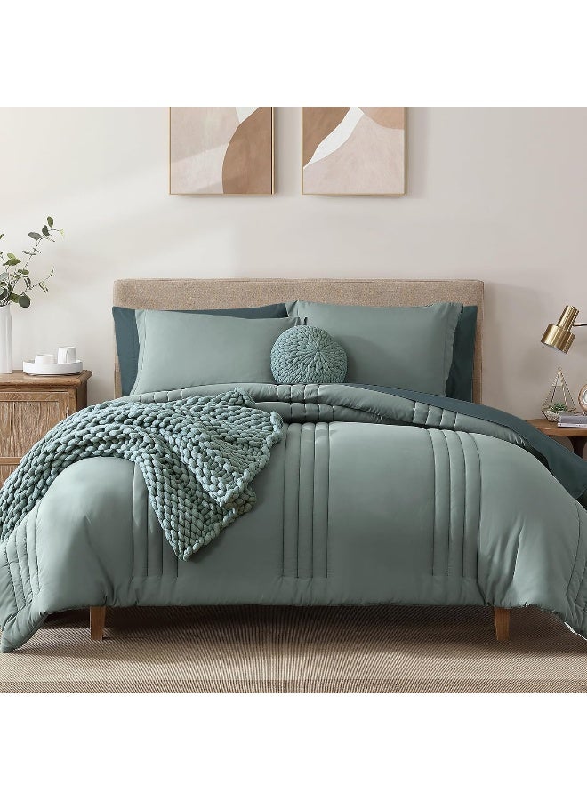 Monbix Queen Comforter Set - 7 Pieces Sage Green Bed in a Bag Queen Bedding Sets with Comforters, All Seasons Comforter Bed Set with Sheets,Pillowcases & Shams - Image 1